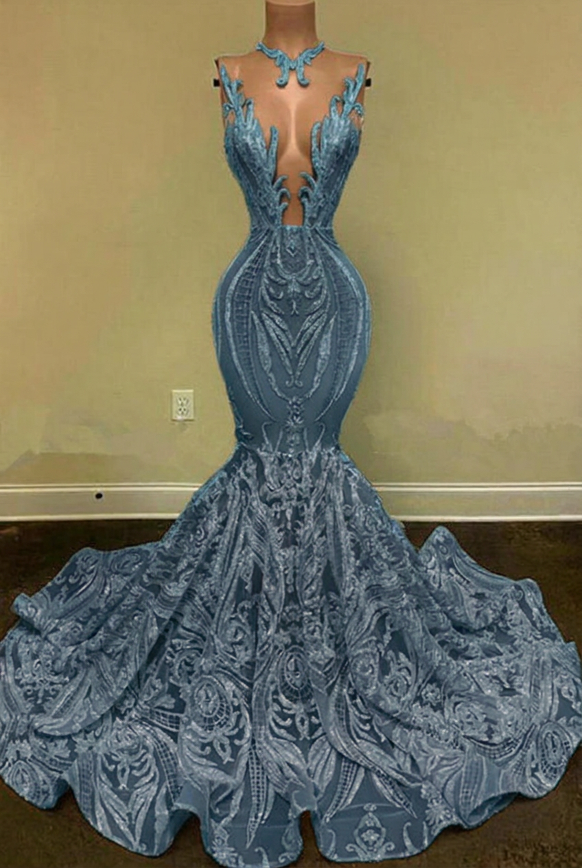 Dusty blue v-neck glitter mermaid prom dress