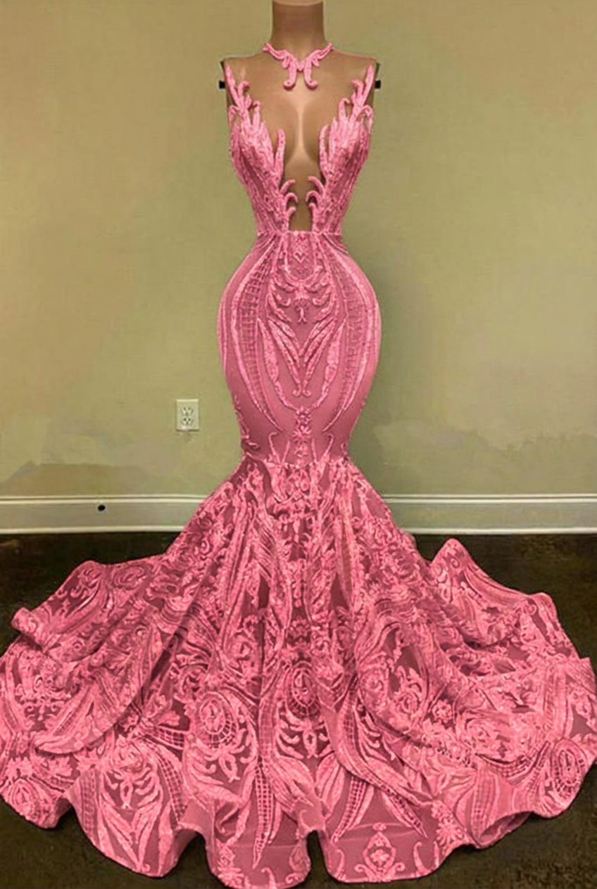Candy pink v-neck glitter mermaid prom dress