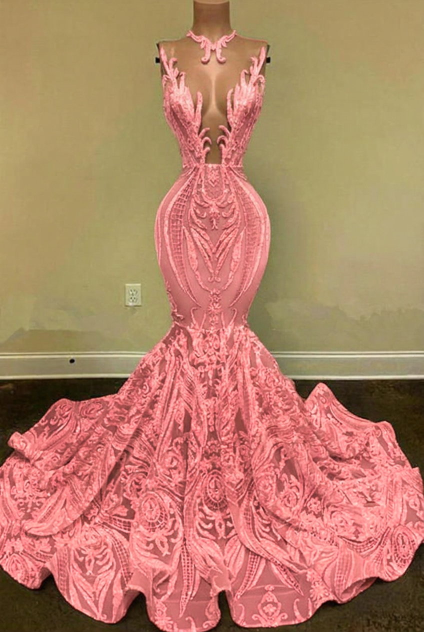 Blushing pink v-neck glitter mermaid prom dress
