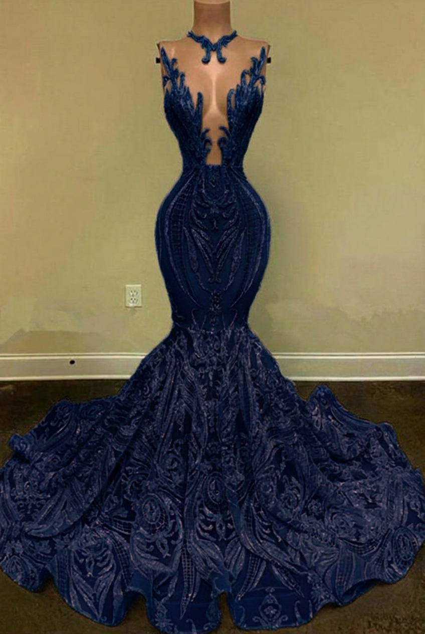 Dark navy v-neck glitter mermaid prom dress