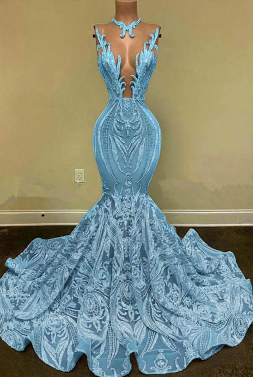Light blue v-neck glitter mermaid prom dress