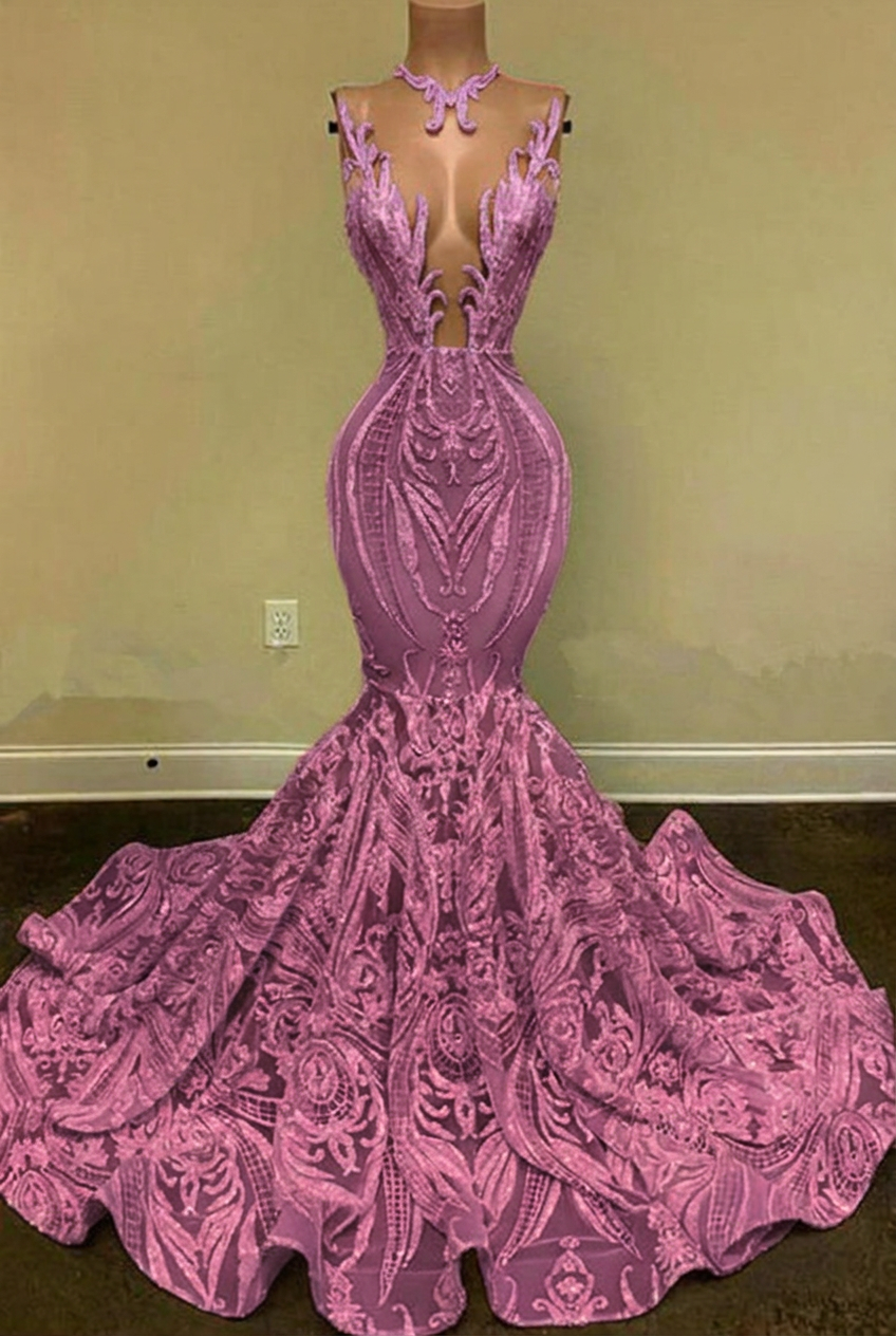 Lilac v-neck glitter mermaid prom dress