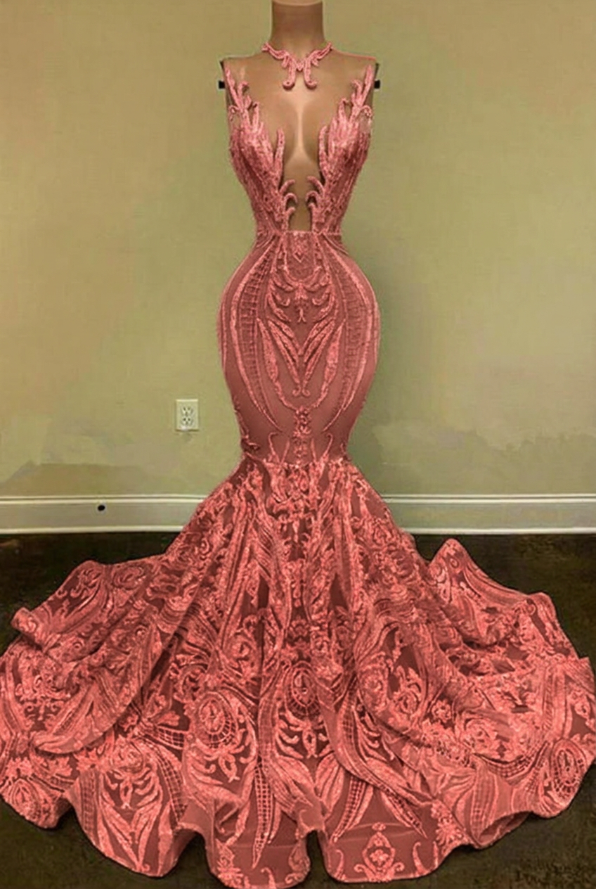 Dusty rose v-neck glitter mermaid prom dress