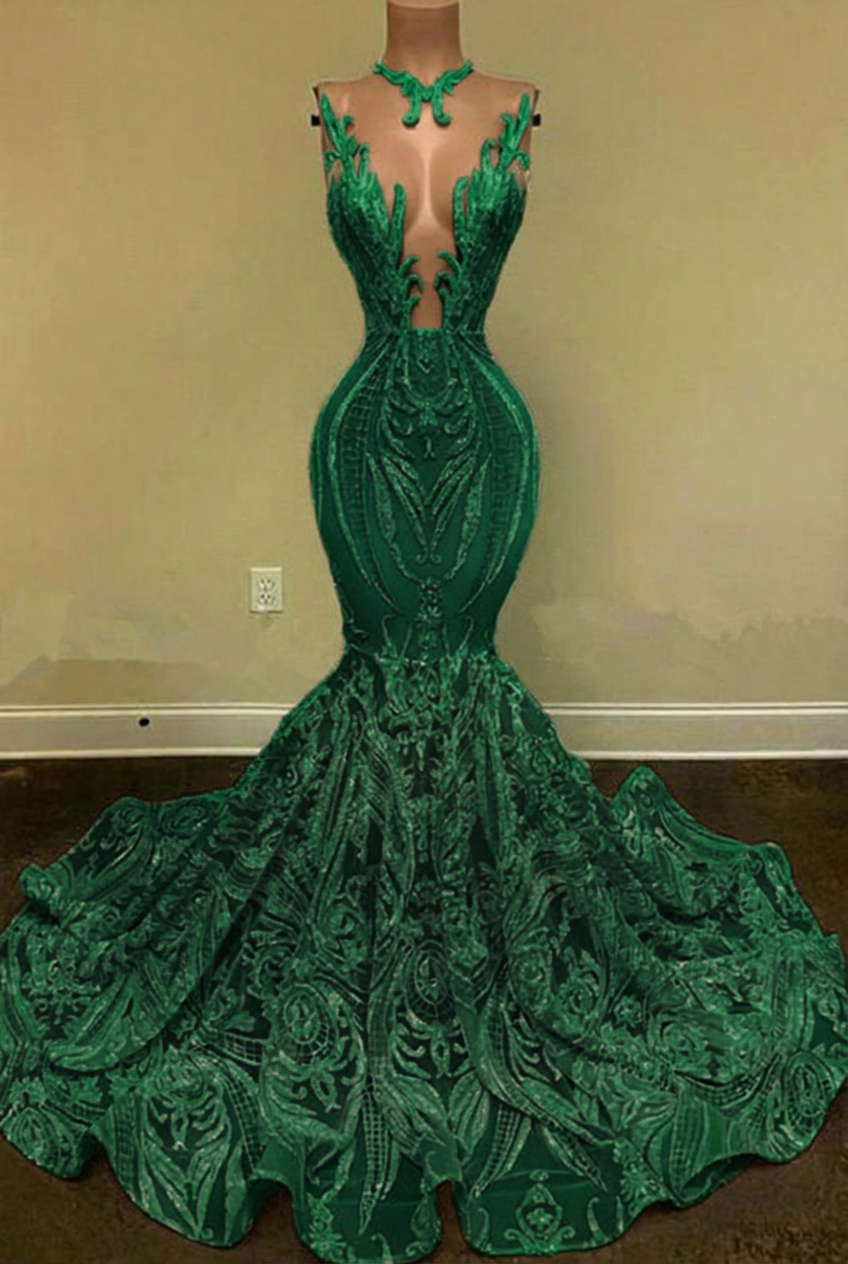 Emerald green v-neck glitter mermaid prom dress