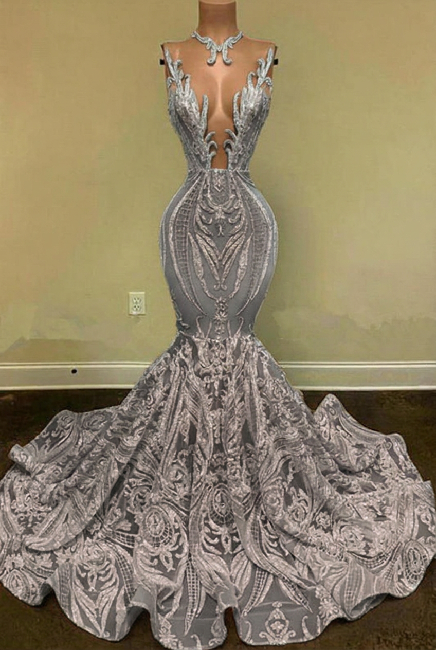 Silver v-neck glitter mermaid prom dress