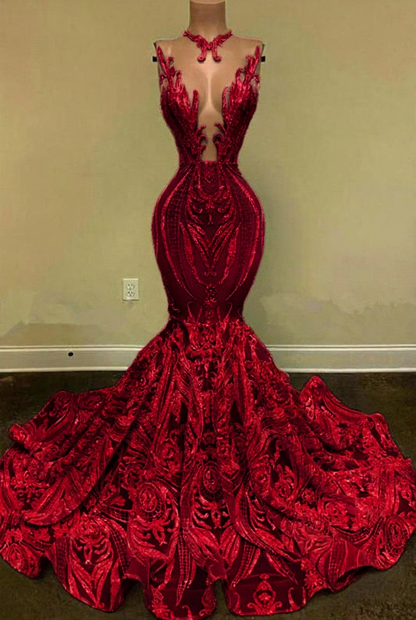 Burgundy v-neck glitter mermaid prom dress