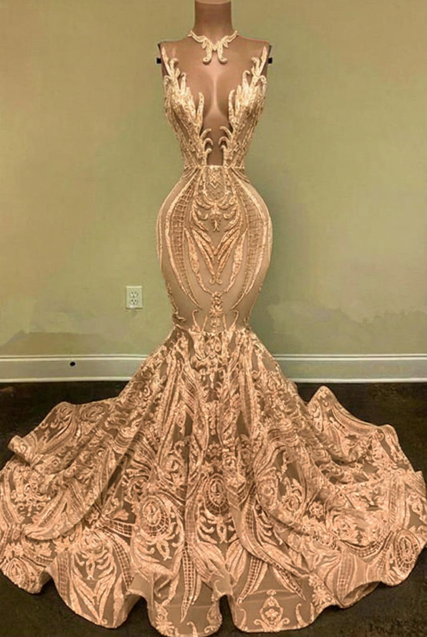 Champagne v-neck glitter mermaid prom dress