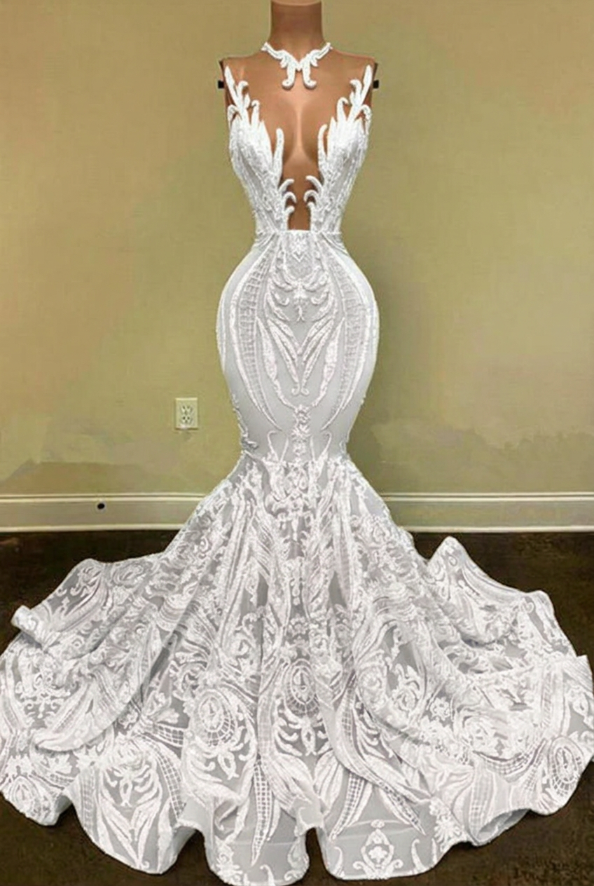 White v-neck glitter mermaid prom dress