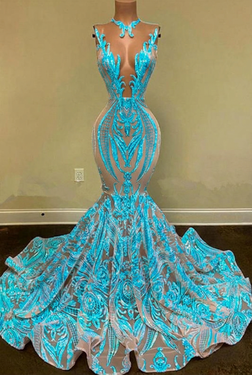 Turquoise v-neck glitter mermaid prom dress