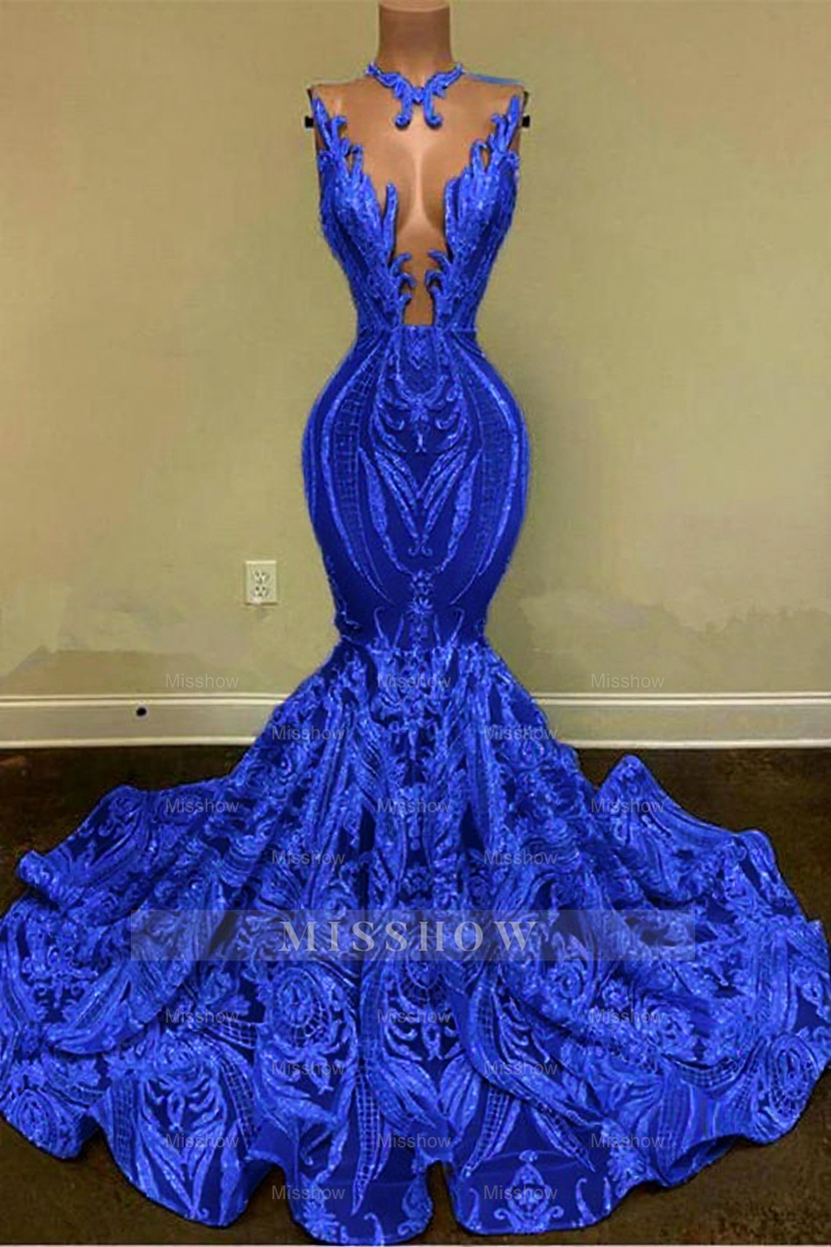 Royal blue v-neck glitter mermaid prom dress
