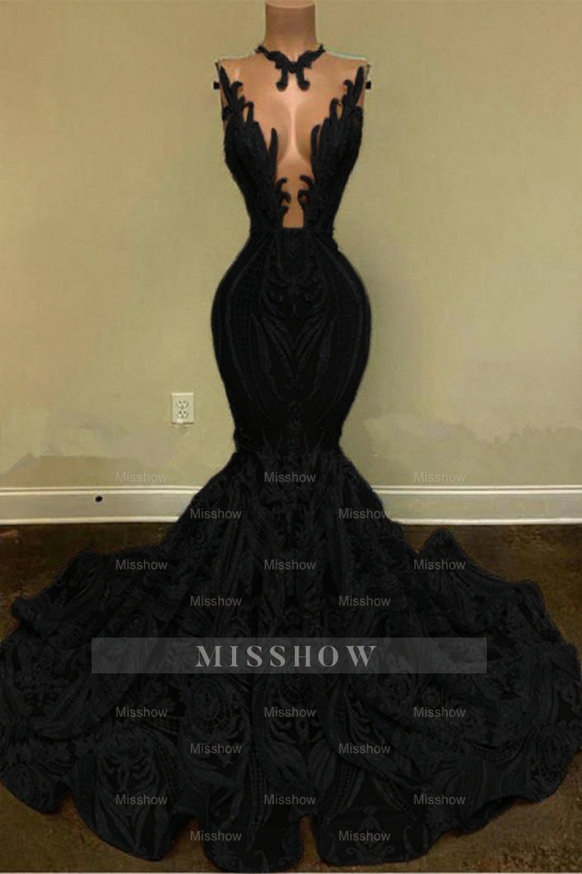 Black v-neck glitter mermaid prom dress
