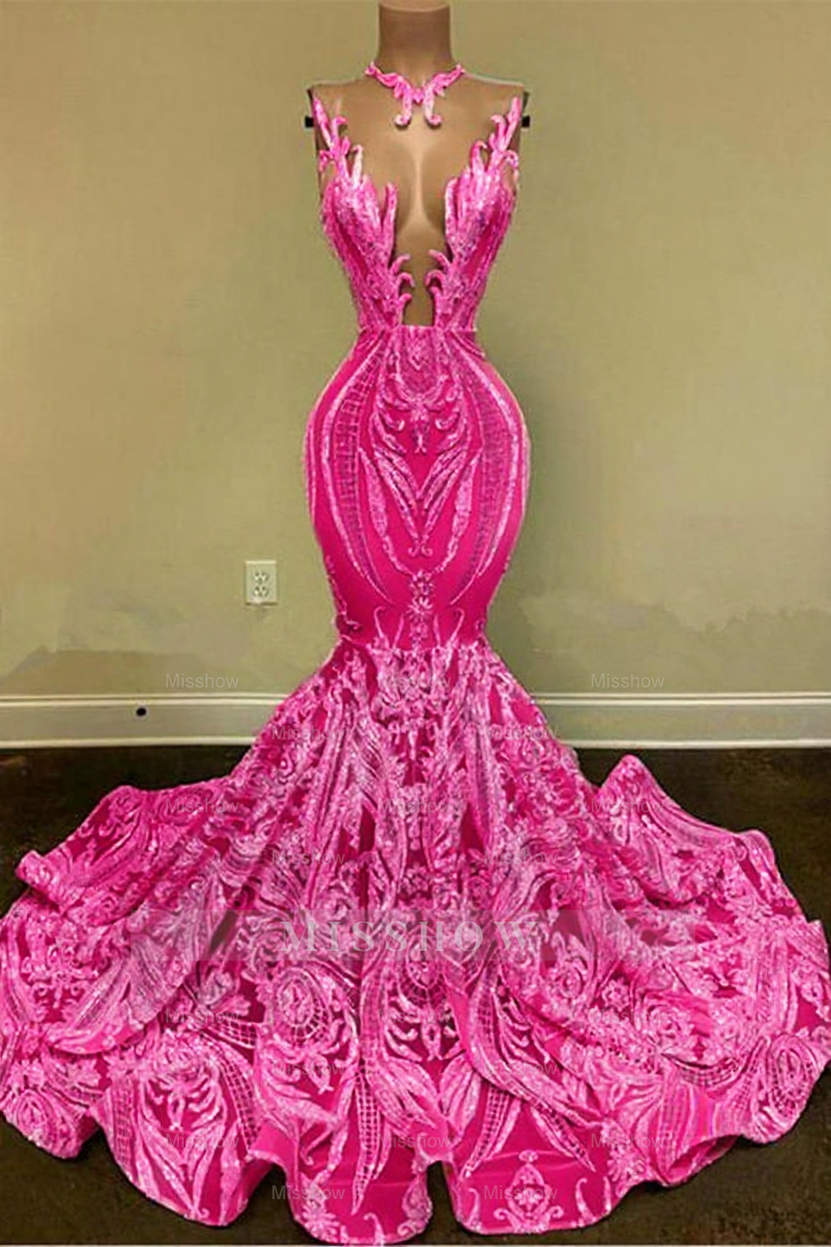 Fuchsia v-neck glitter mermaid prom dress