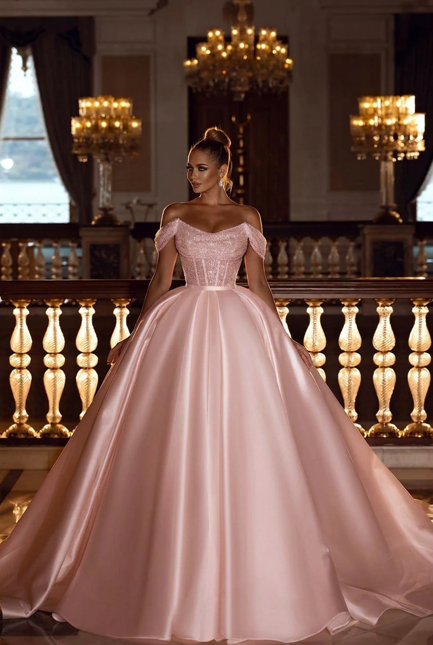 Blushing pink off-the-shoulder sequin A-line wedding dress