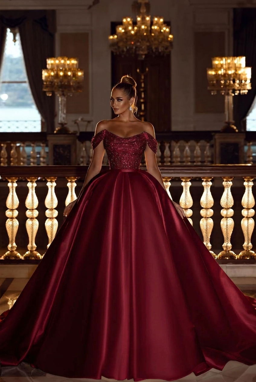 Burgundy off-the-shoulder sequin A-line wedding dress