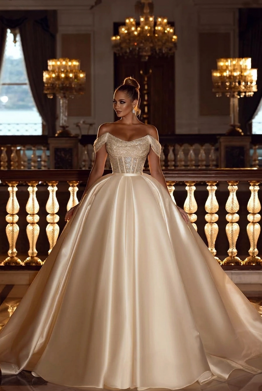 Champagne off-the-shoulder sequin A-line wedding dress