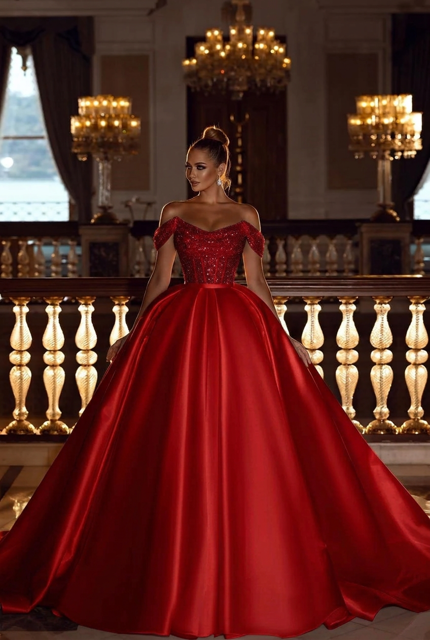 Red off-the-shoulder sequin A-line wedding dress