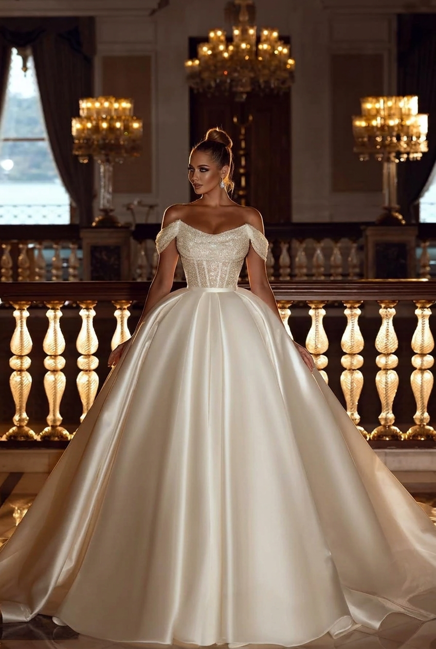 Ivory off-the-shoulder sequin A-line wedding dress