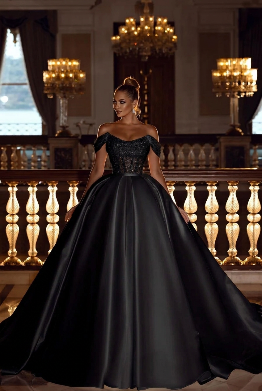 Black off-the-shoulder sequin A-line wedding dress