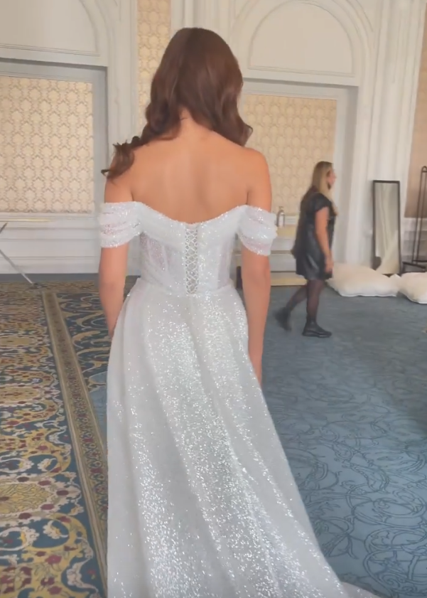 Sparkly Off-the-Shoulder Sequins Mermaid Bridal Dress with Detachable Sweep Train Sparkly Off-the-Shoulder Sequins Mermaid Bridal Dress with Detachable Sweep Train