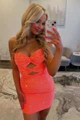 Sparkly Orange Beaded Cut Out Bodycon Short Homecoming Dress