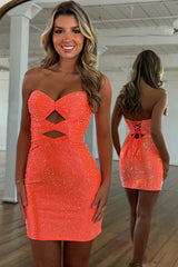 Sparkly Orange Beaded Cut Out Bodycon Short Homecoming Dress