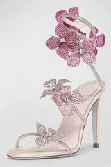 Sparkly Pink Beaded Strappy Stiletto Heel Sandals with 3D Flowers