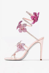 Sparkly Pink Beaded Strappy Stiletto Heel Sandals with 3D Flowers