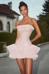 Sparkly Pink Sequins Strapless Short Homecoming Dress with Ruffles