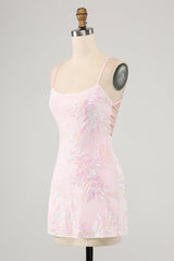 Sparkly Pink Spaghetti Straps Sequins Bodycon Homecoming Dress