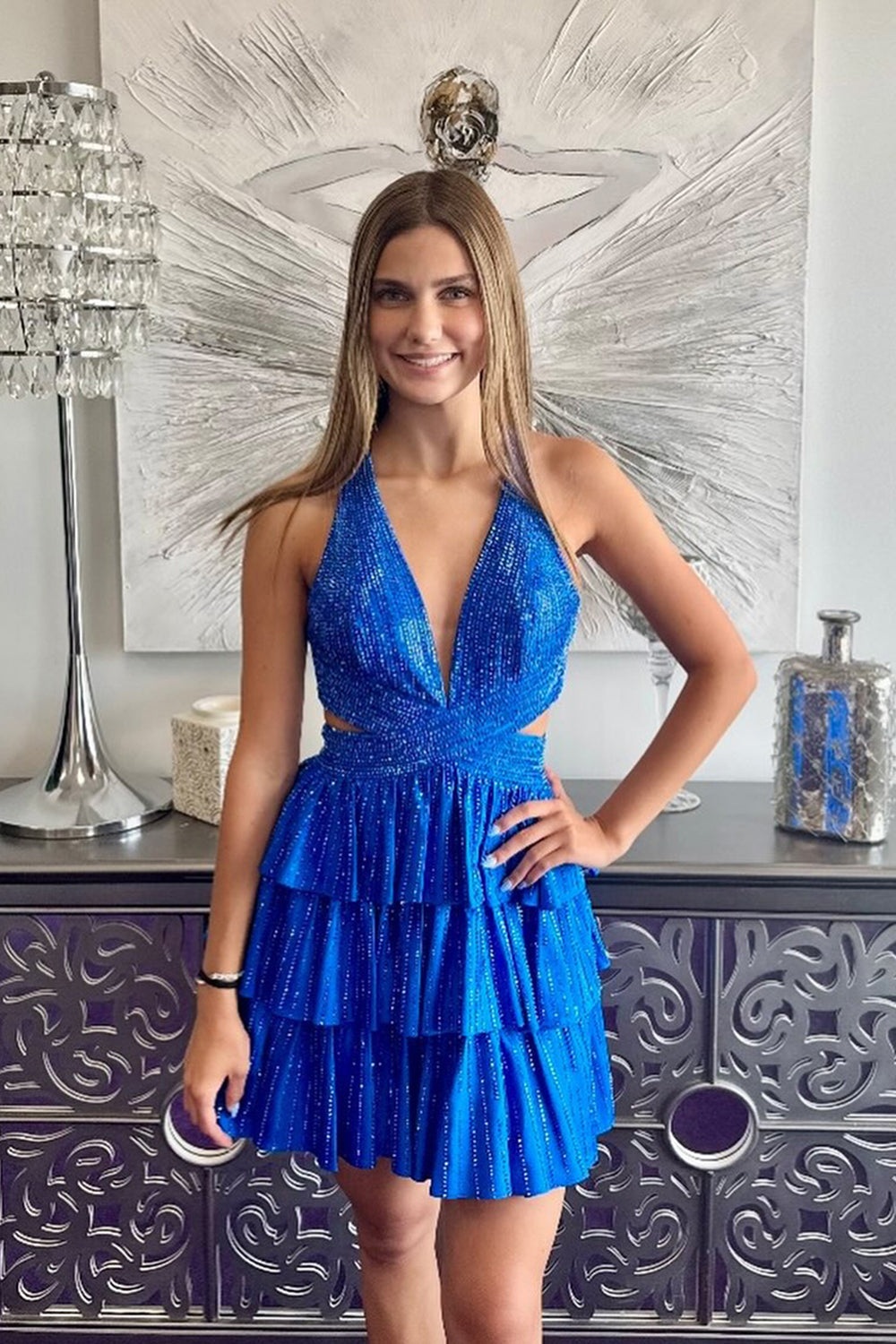 Sparkly Red A Line Tiered Halter Short Beaded Homecoming Dress with Ruffles