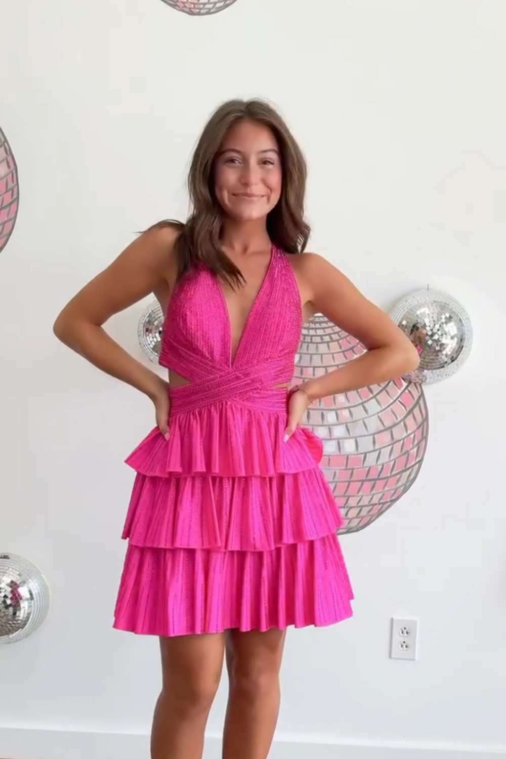 Sparkly Red A Line Tiered Halter Short Beaded Homecoming Dress with Ruffles