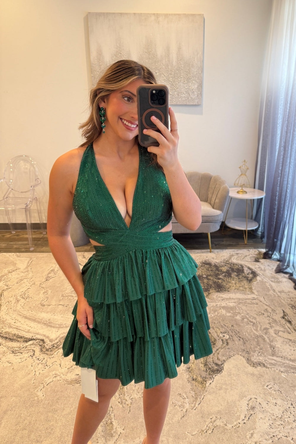 Sparkly Red A Line Tiered Halter Short Beaded Homecoming Dress with Ruffles