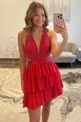 Sparkly Red A Line Tiered Halter Short Beaded Homecoming Dress with Ruffles