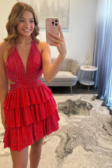 Sparkly Red A Line Tiered Halter Short Beaded Homecoming Dress with Ruffles