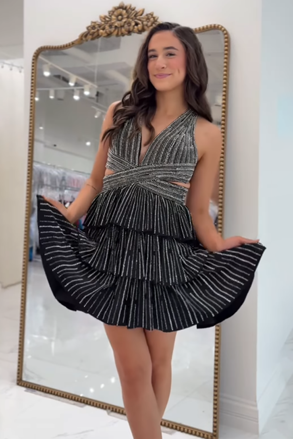 Sparkly Red A Line Tiered Halter Short Beaded Homecoming Dress with Ruffles