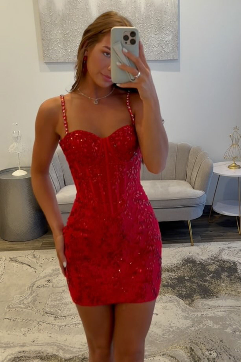 Sparkly Red Bodycon Short Corset Homecoming Dress with Beading