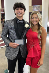 Sparkly Red Satin Tight Strapless Short Ruffled Homecoming Dress with Beading