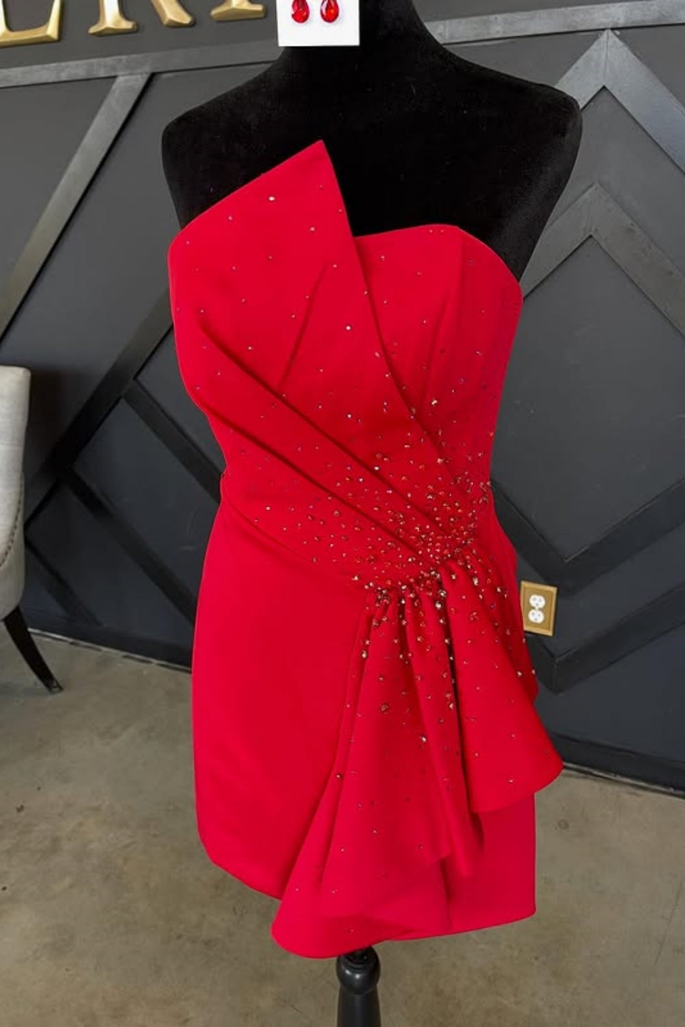 Sparkly Red Satin Tight Strapless Short Ruffled Homecoming Dress with Beading