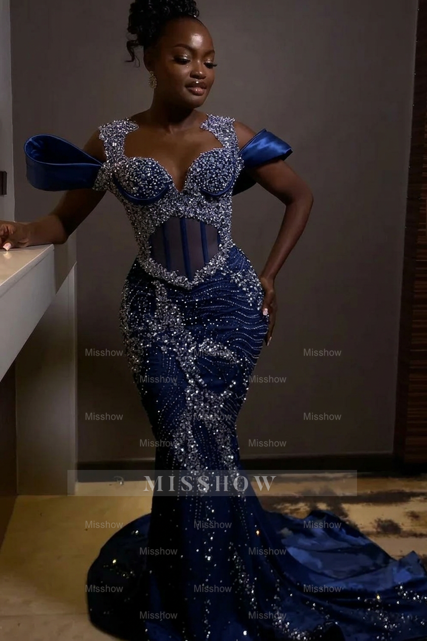 Sparkly Rhinestones Blue Sleeveless Mermaid Long Prom Dress