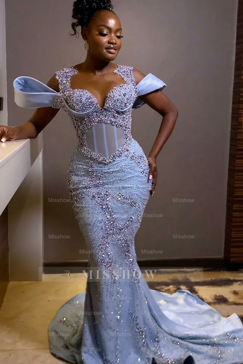 Sparkly Rhinestones Blue Sleeveless Mermaid Long Prom Dress