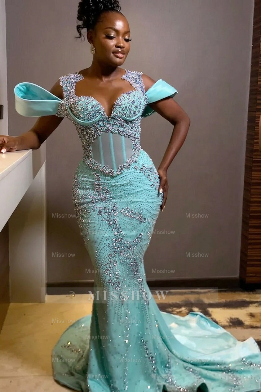 Sparkly Rhinestones Blue Sleeveless Mermaid Long Prom Dress