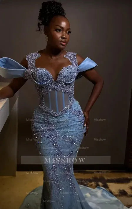 Sparkly Rhinestones Blue Sleeveless Mermaid Long Prom Dress