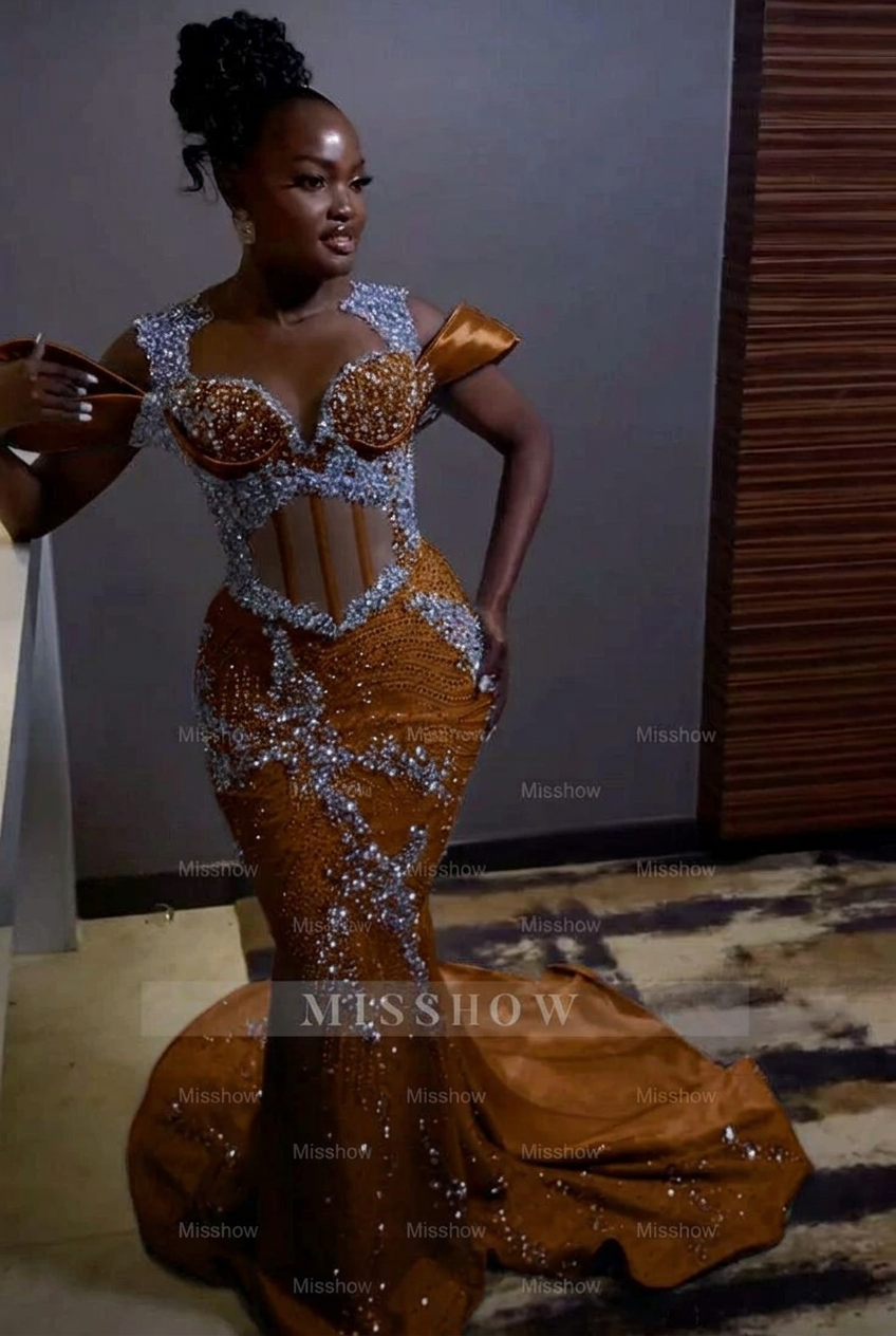 Chocolate off-the-shoulder rhinestone mermaid prom dress