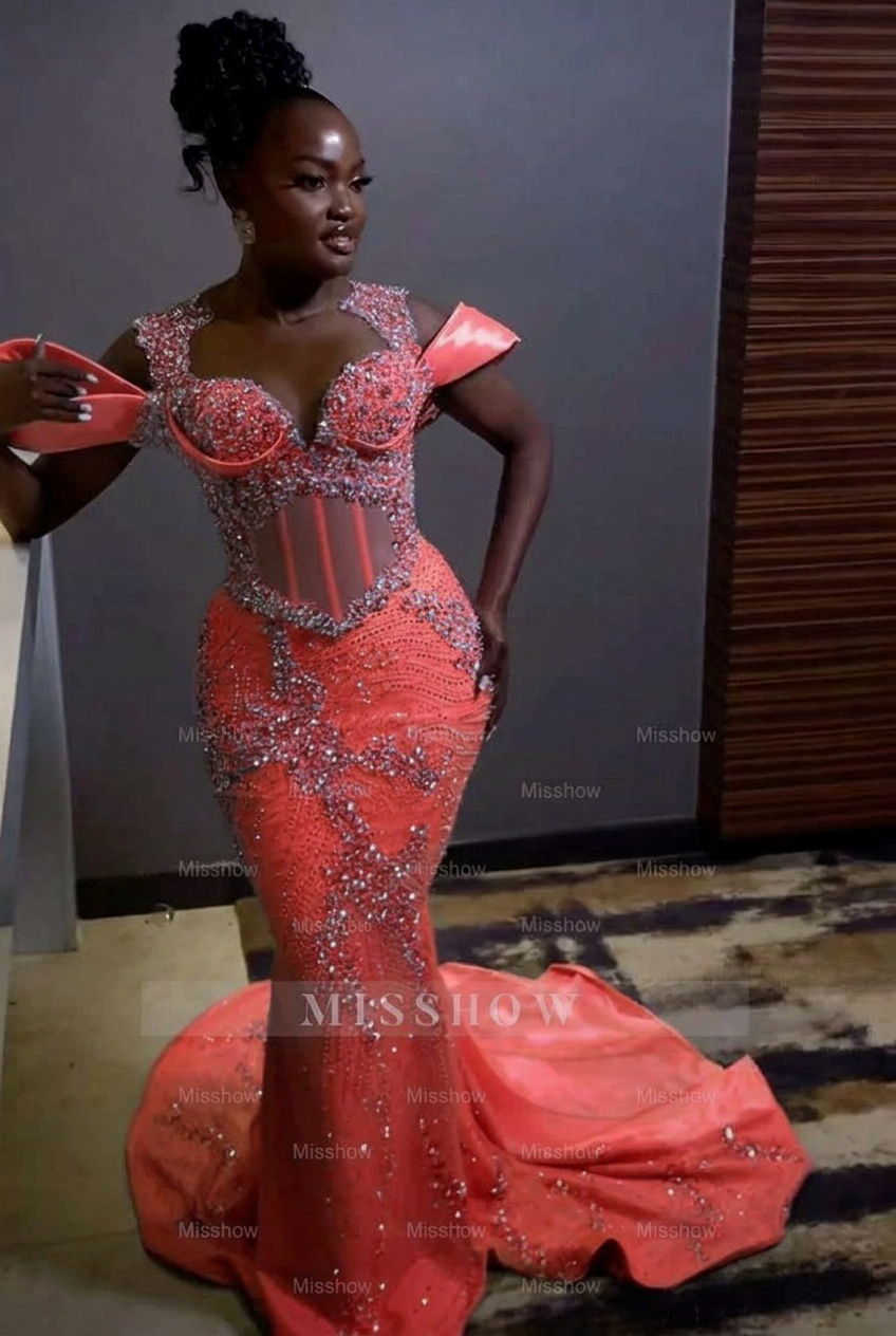 Coral off-the-shoulder rhinestone mermaid prom dress