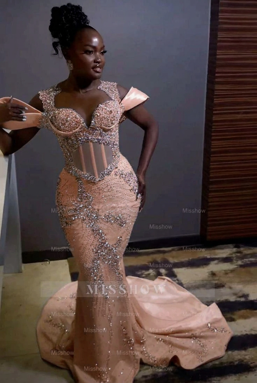 Pearl pink off-the-shoulder rhinestone mermaid prom dress