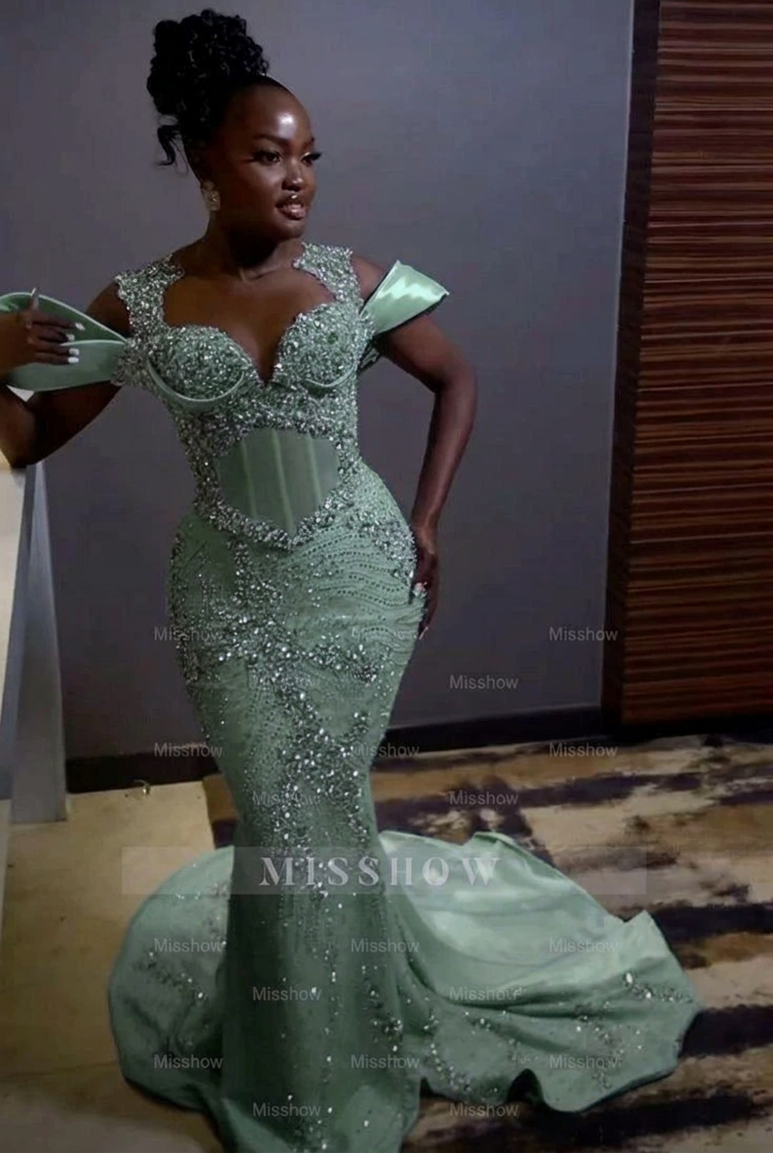 Dusty sage off-the-shoulder rhinestone mermaid prom dress
