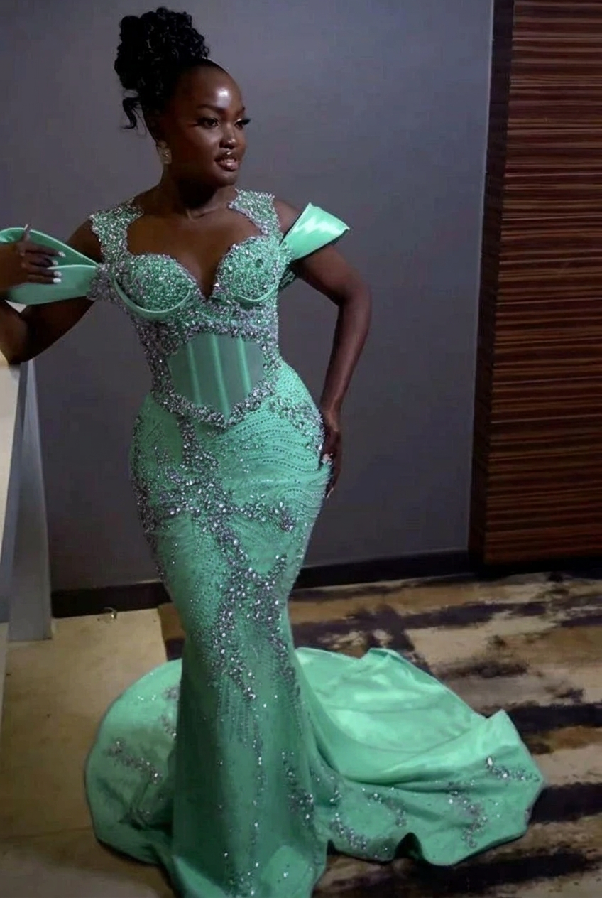 Mint green off-the-shoulder rhinestone mermaid prom dress