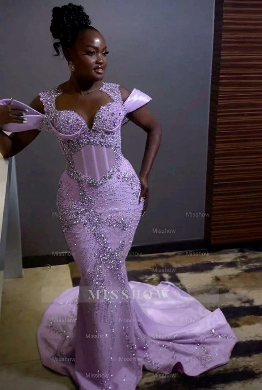 Lavender off-the-shoulder rhinestone mermaid prom dress