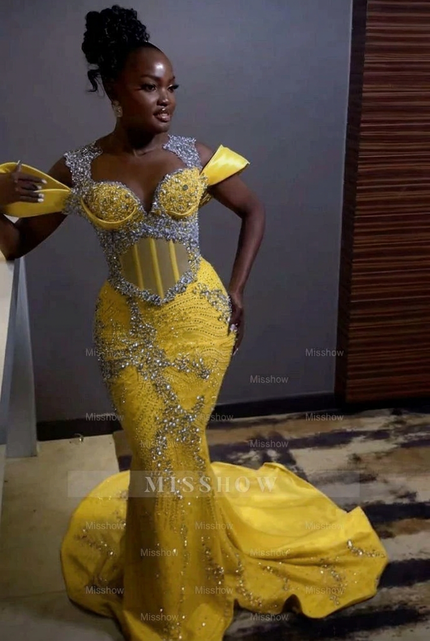 Yellow off-the-shoulder rhinestone mermaid prom dress