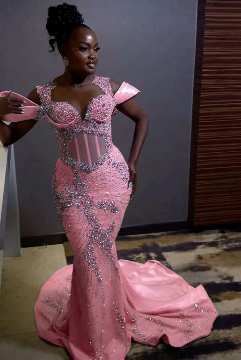 Candy pink off-the-shoulder rhinestone mermaid prom dress